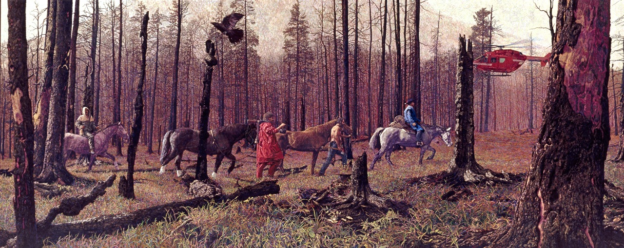 Four men and four horses walk through a burnt out forest with a helicopter and a crow in the sky