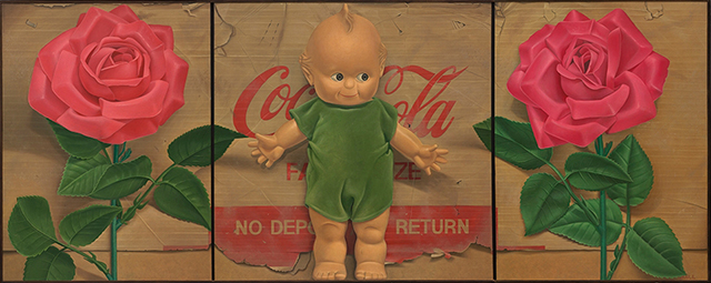 Painting of a plastic doll between two pink roses on a carboard Coca-Cola box