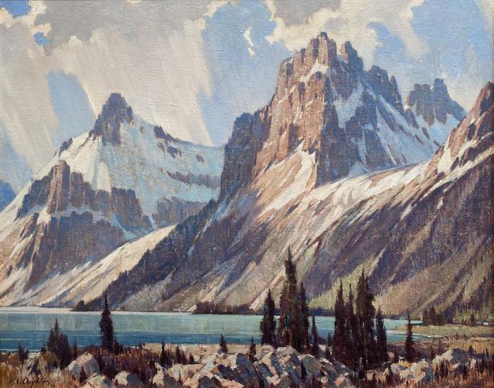 painting of mountains with a lake