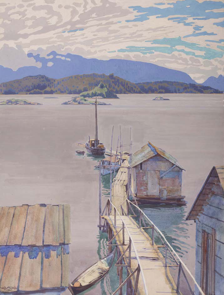 painting of a floating dock with the sea and mountains in the background