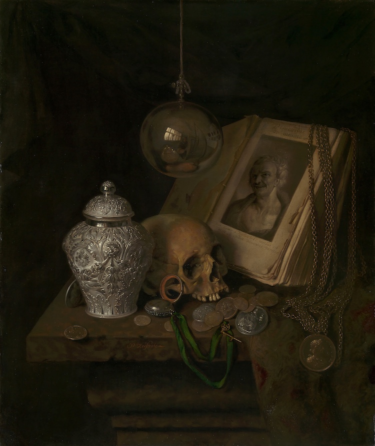 dark vanitas still-life painting with a skull, vase and book