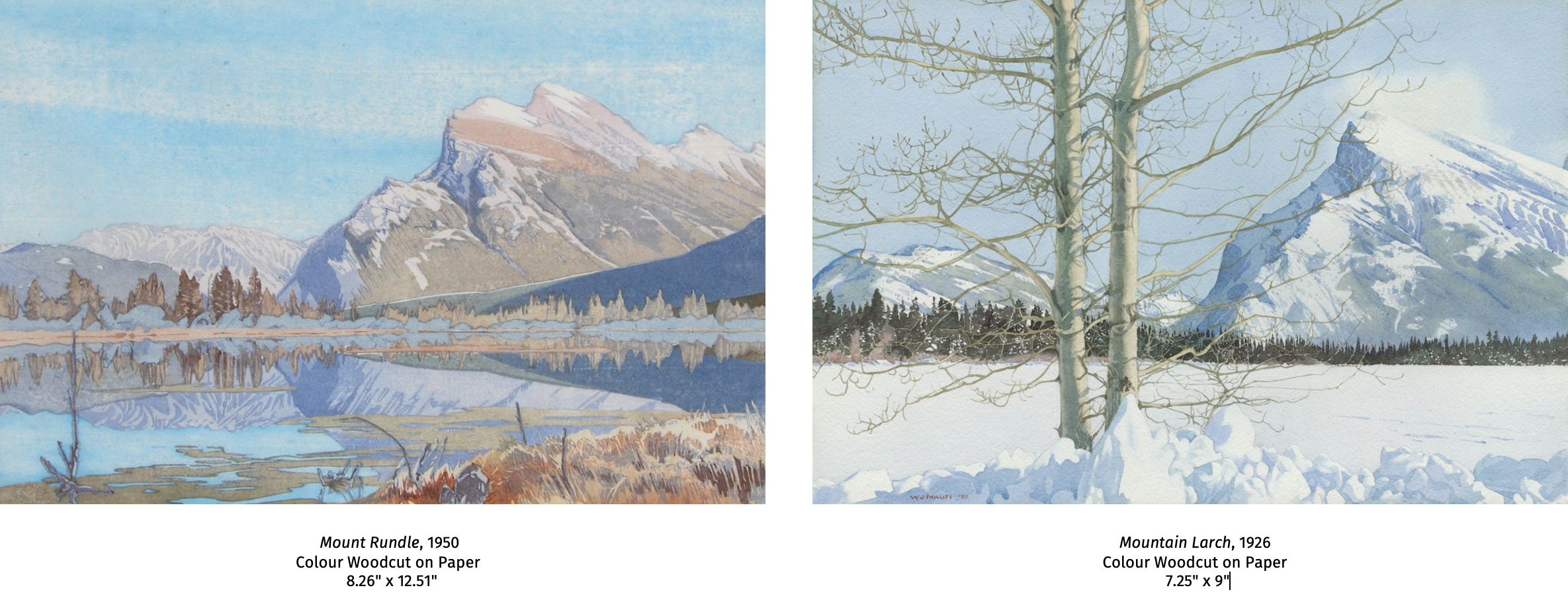 Two artworks depicting Mount Rundle, one is in summer with a reflecting lake, the second shows two poplar trees in front of the snow covered mountain landscape